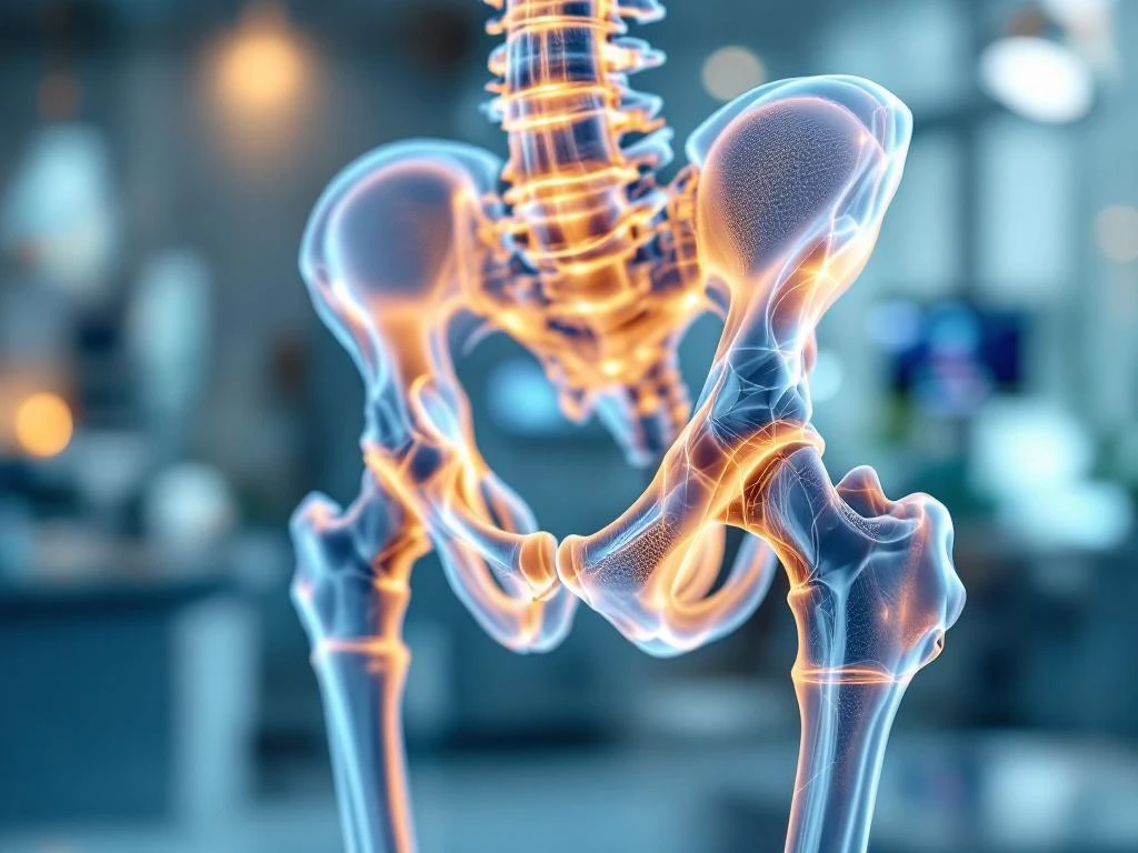 Transparant anatomisch model van heupgewricht met botstructuur en kraakbeen in medische omgeving