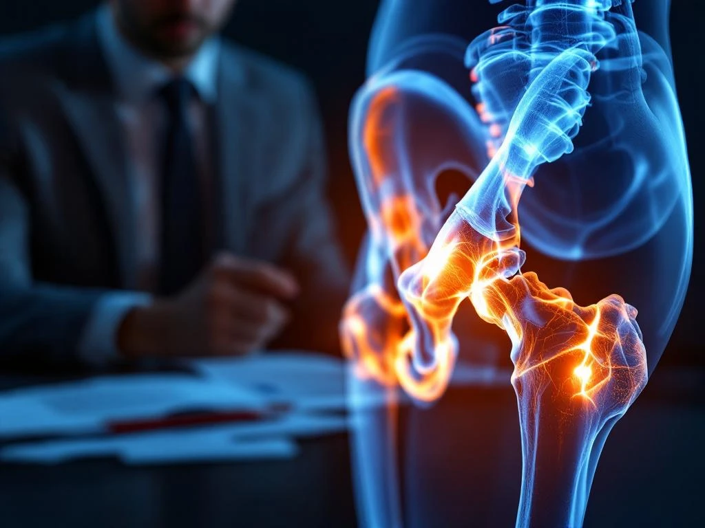 Transparant anatomisch model van heupgewricht met kraakbeenslijtage bij zakenman aan bureau, medisch verlicht