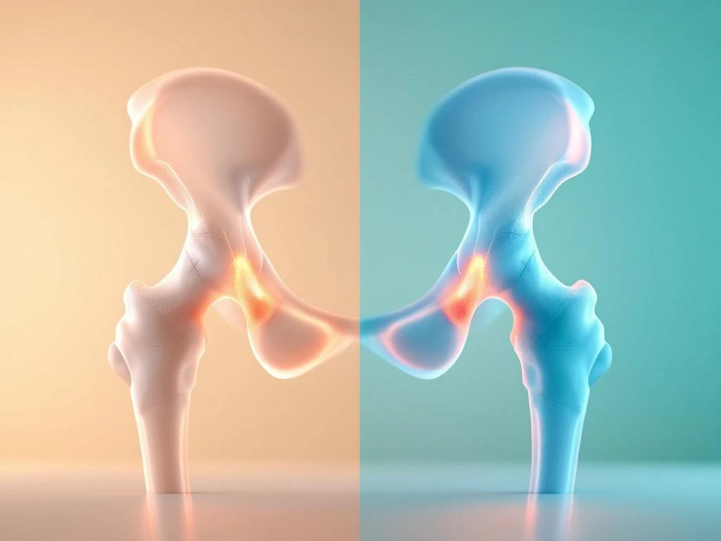 Twee doorzichtige heupgewrichtmodellen met oranje-rode ontstekingsindicatoren die bilaterale heuparthrose tonen