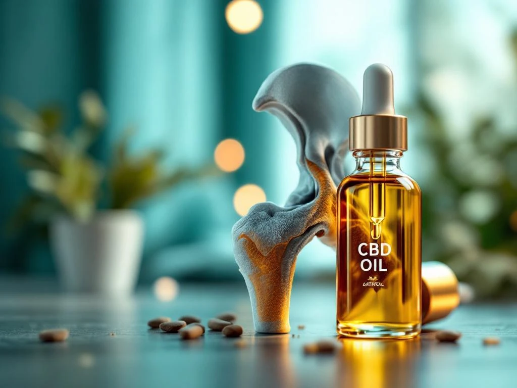 Anatomische doorsnede van heupgewricht met artrose naast glazen flesje met gouden CBD-olie op medische achtergrond