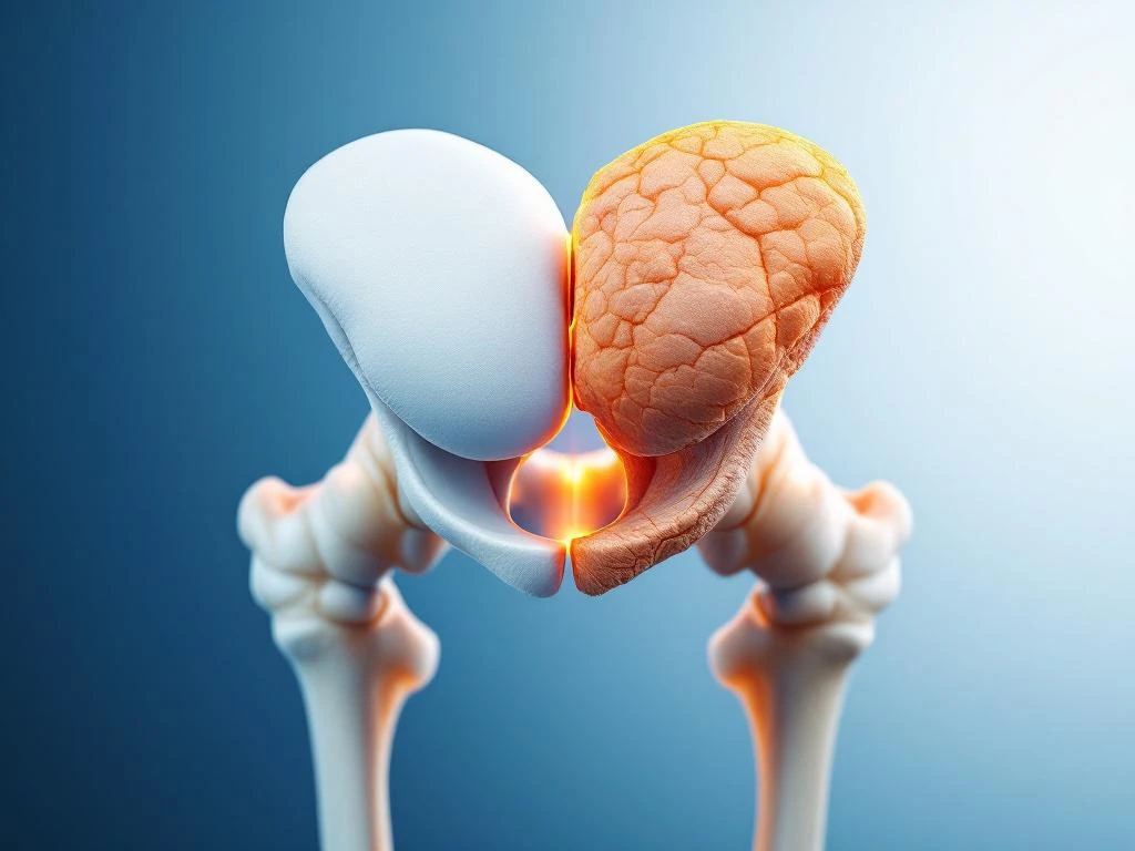 Dwarsdoorsnede heupgewricht met gezond kraakbeen links en aangetast artritisch kraakbeen rechts in close-up