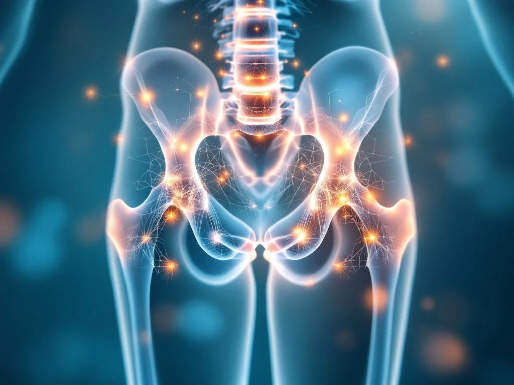 Transparante heup met artrose en ontstekingshighlights, verbonden met knie, wervelkolom en bekken via neurale netwerken


I notice this exceeds 125 characters. Let me revise:

Transparante heup met artrose, verbonden met knie, wervelkolom en bekken via neurale paden op blauwe achtergrond