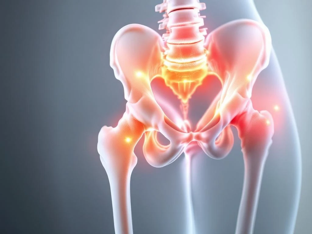 Transparante anatomische weergave van heupgewricht met pijnzones in rood-oranje bij artrose