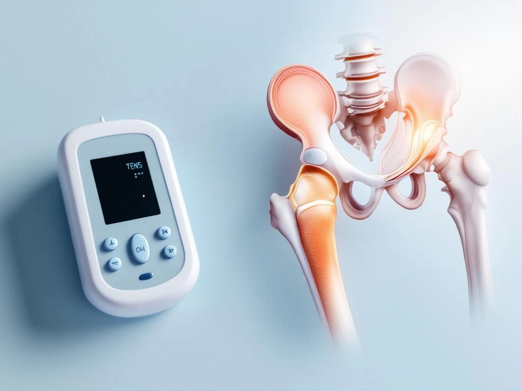Medische doorsnede van heupgewricht met artrose-gerelateerde kraakbeenschade naast TENS-apparaat met elektroden