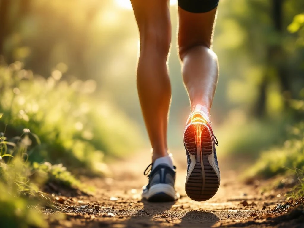 Hardloper in beweging op bospad met focus op heup en gewricht tijdens dynamische looppas bij ochtendlicht