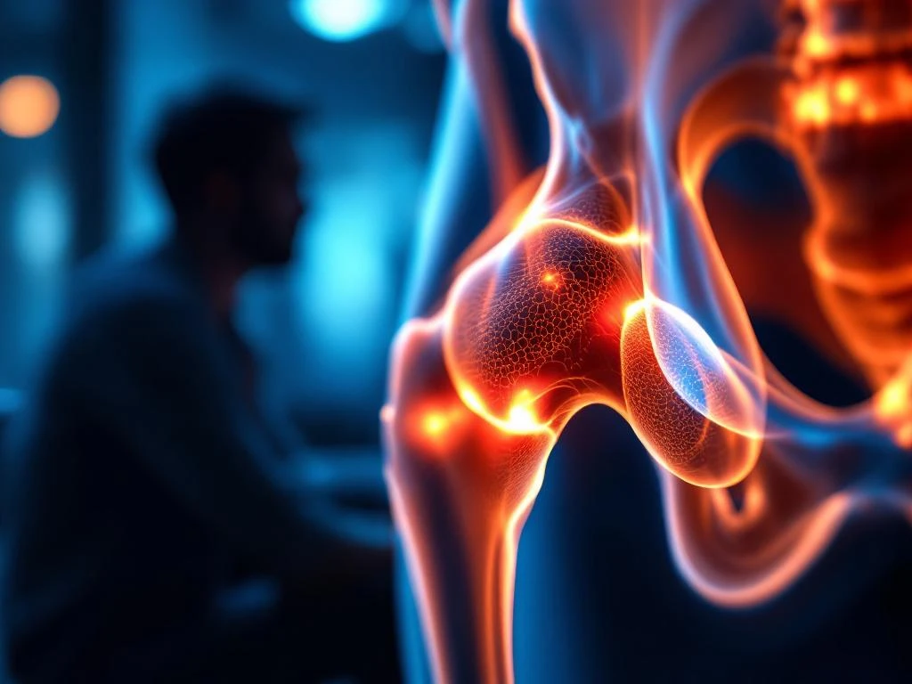 Doorsnede van een heupgewricht met kraakbeen en bot, met tekenen van stijfheid door inactiviteit