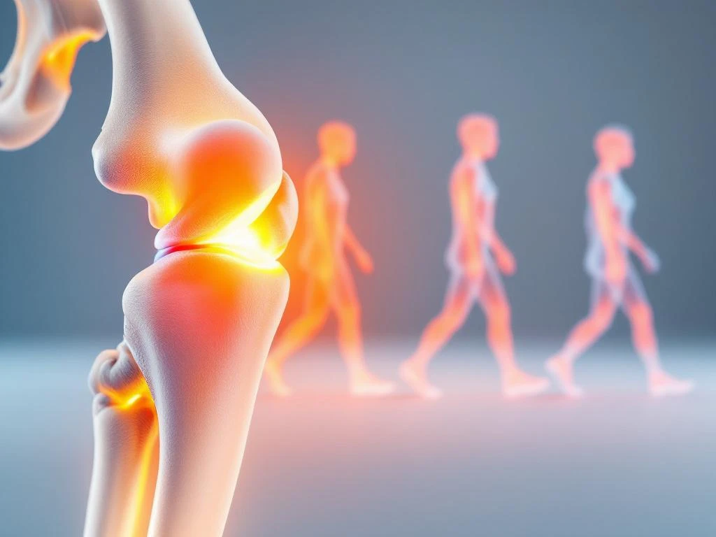 Dwarsdoorsnede van heupgewricht met botstructuur naast drie beensilhouetten die loopfasen demonstreren