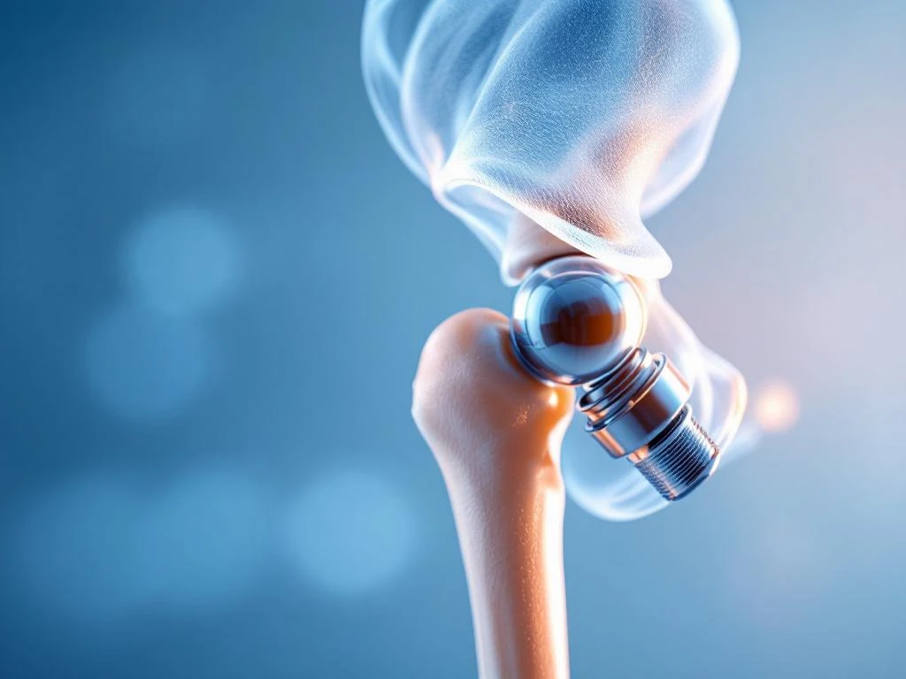 Transparant anatomisch heupgewricht model met gezond kraakbeen dat overgaat in titanium heupprothese implantaat