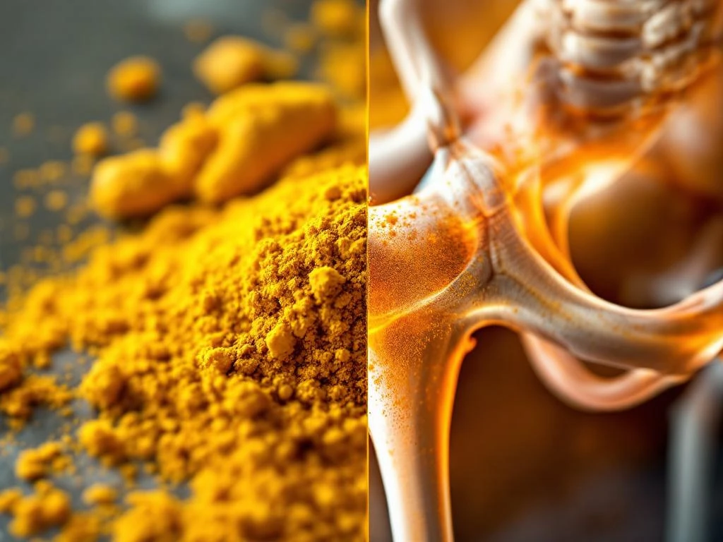 Kurkumawortel en -poeder naast anatomische weergave van heupgewricht met bot- en kraakbeenstructuur