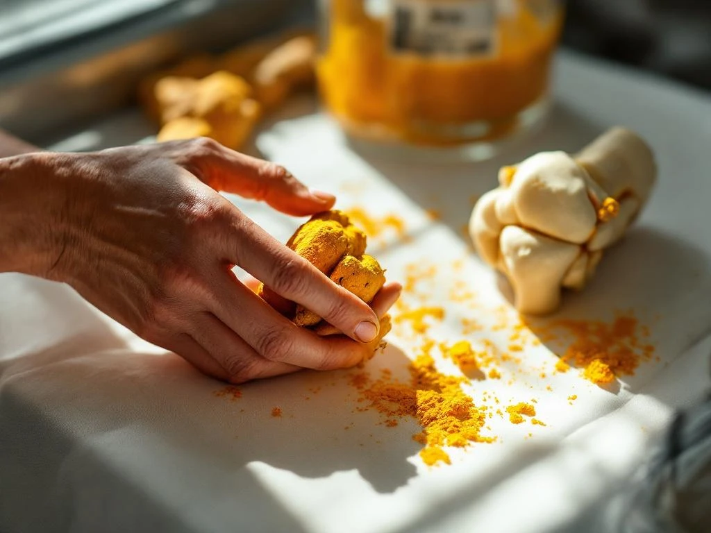 Hand houdt verse kurkumawortel vast naast anatomisch kniegewrichtmodel op medische tafel