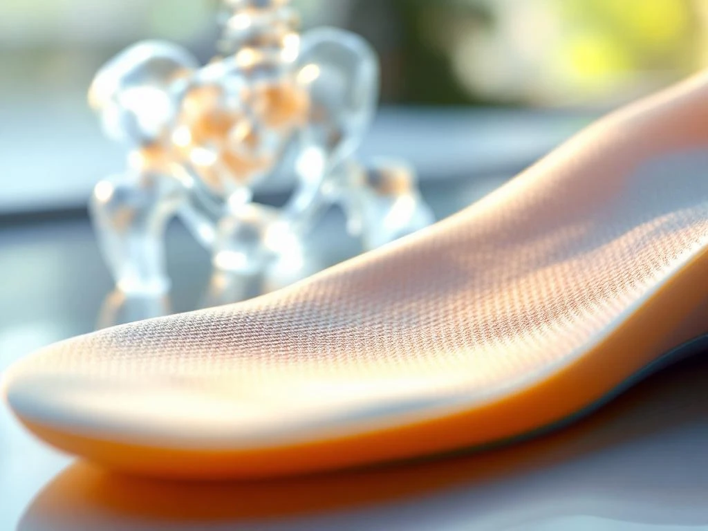 Orthopedische schoenzool met gewelfondersteuning en heupgewricht anatomisch model op achtergrond