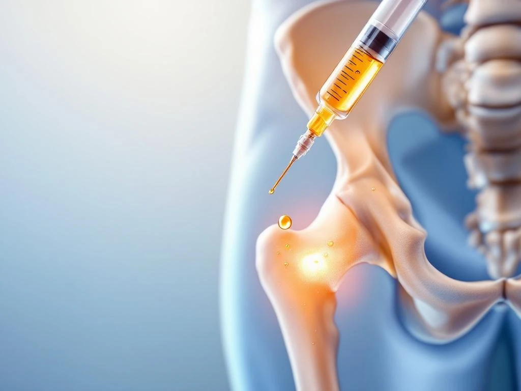 Spuit met goudkleurig plaatjesrijk plasma boven heupgewricht voor PRP-injectiebehandeling in medische setting