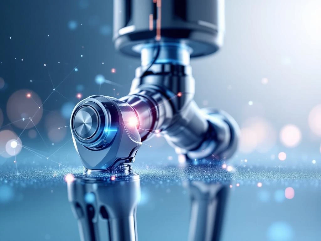 Titanium heupprothese met holografische interface-elementen tegen medische blauwe achtergrond